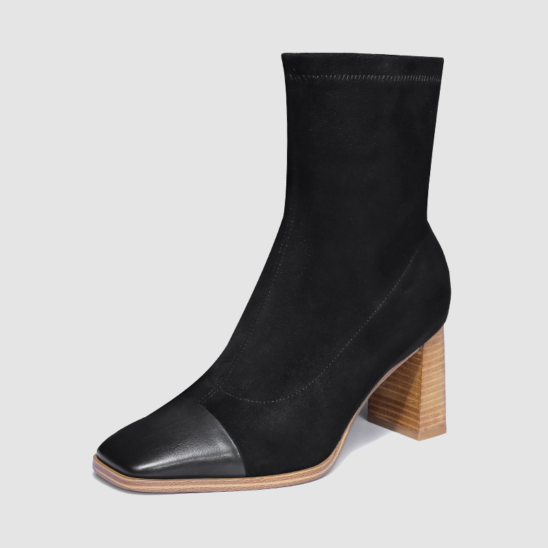 2025年秋冬季新款时尚气质拼接方头高跟时装靴短靴22D205S-03