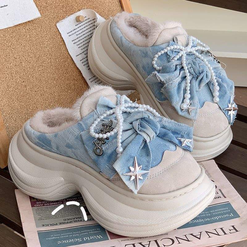 可爱蝴蝶结棉拖鞋女士冬季室内外穿加绒加厚保暖增高厚底仙女防滑