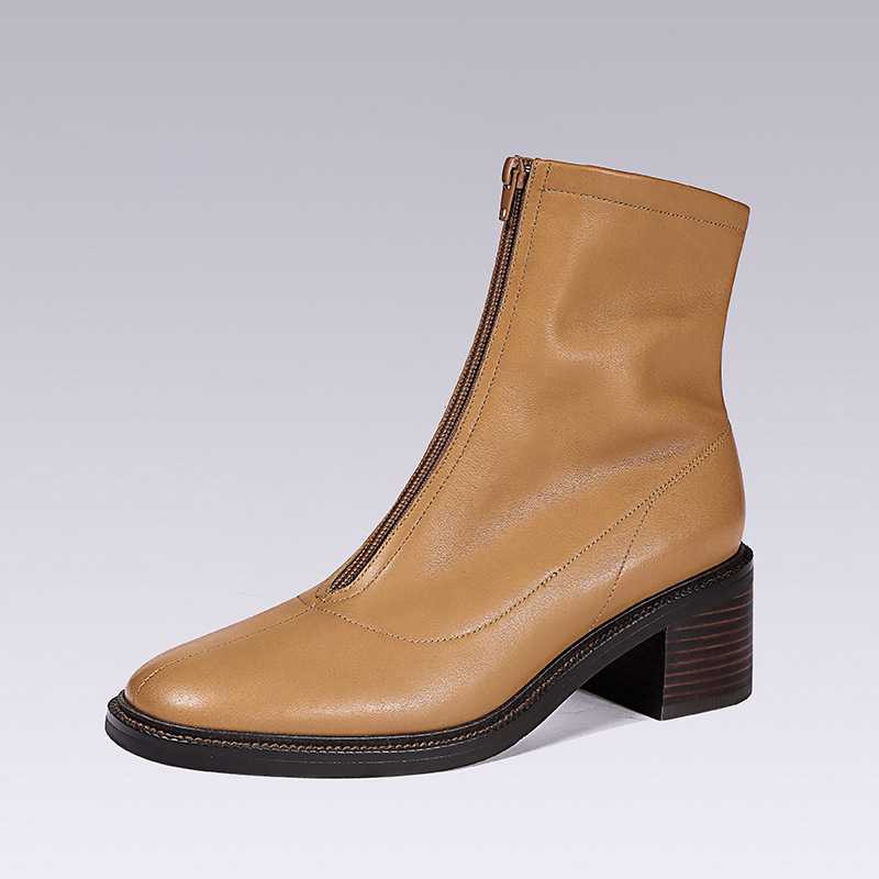 2025年秋冬季新款时尚牛皮个性前拉链粗跟短靴女鞋20D31B-01