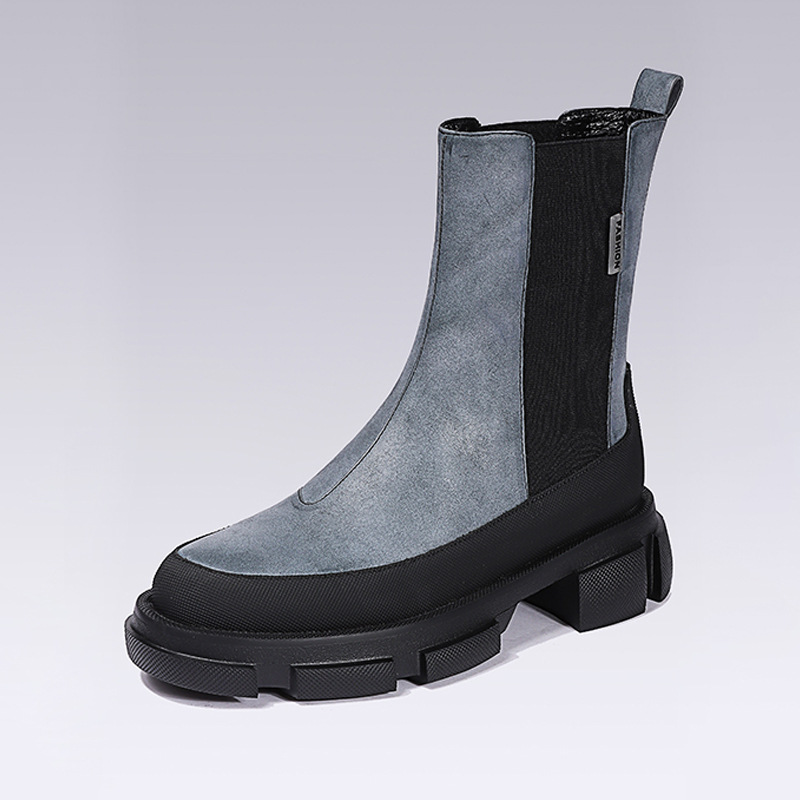 2025秋冬新款撞色烟筒靴时尚潮酷厚底圆头短靴21D132B-01